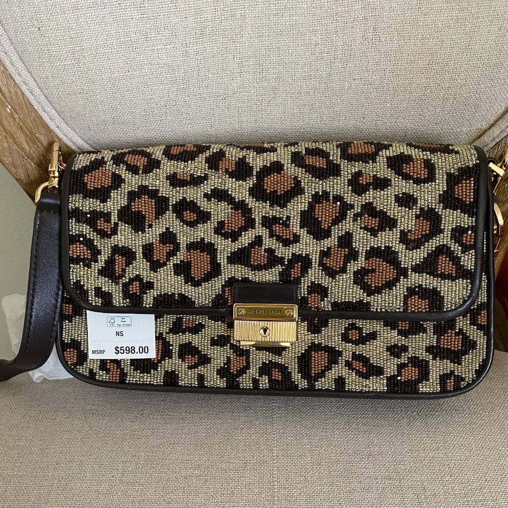 NWT Michael Kors Bradshaw Sm Leopard Beaded Leather Convertible Bag  NWT
